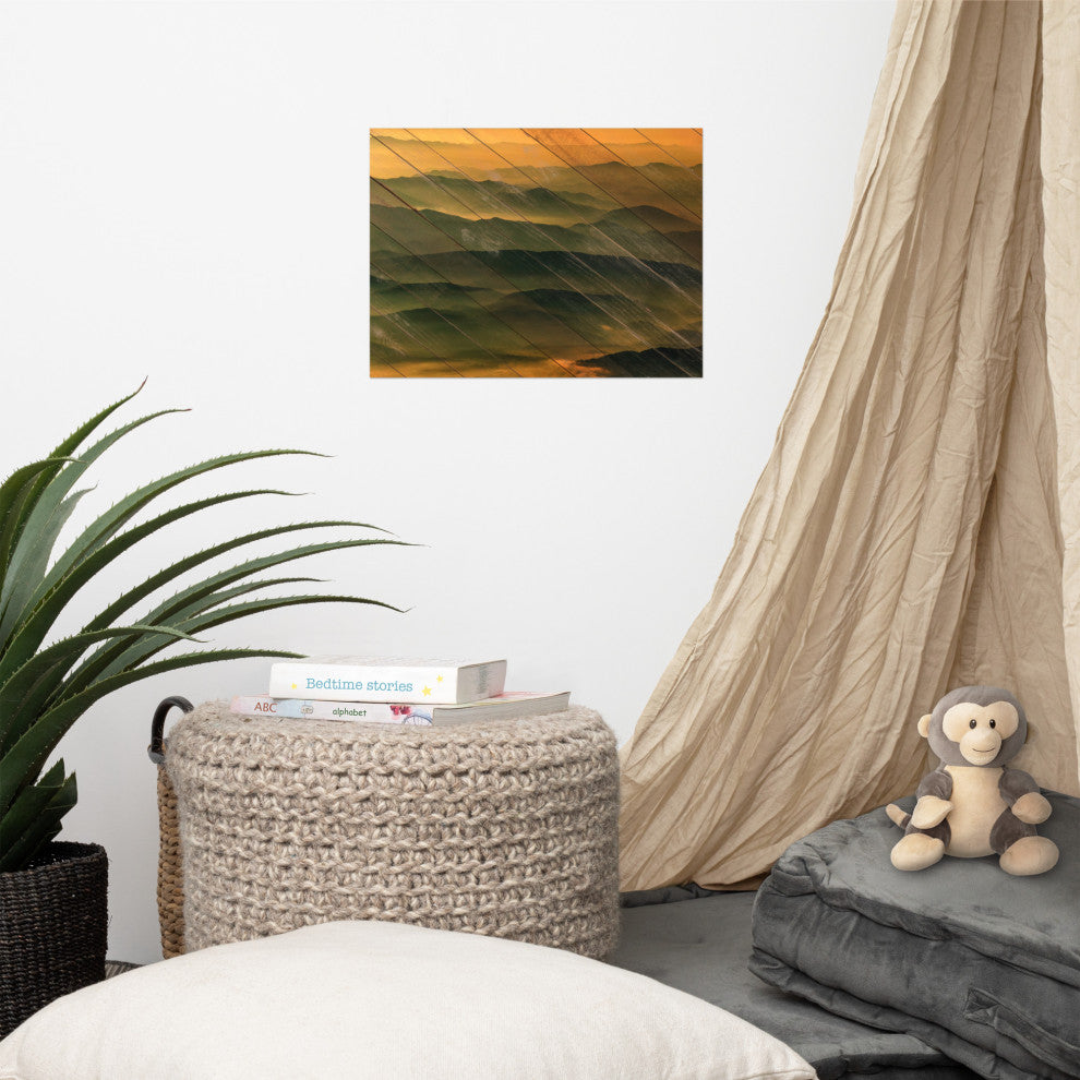 Faux Wood Foggy Mountain Layers at Sunset Landscape Unframed Wall Art Prints, 12" X 16"