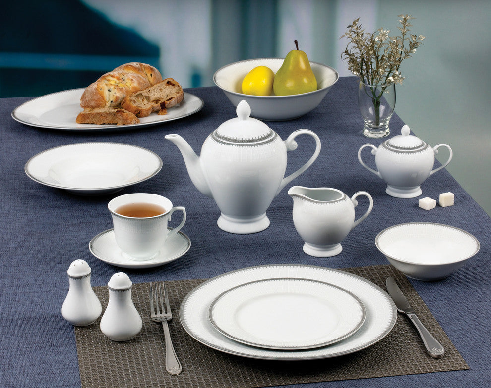 57 Piece Silver Border Porcelain Dinnerware Set-Service for 8-Alyssa