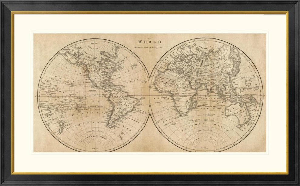 "The World, 1825" Framed Digital Print by Mathew Carey, 46x29"