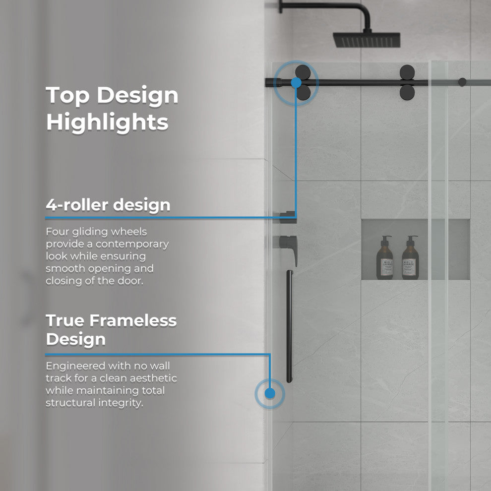 Reva Frameless Sliding Clear Alcove Shower Door, Black, 48"