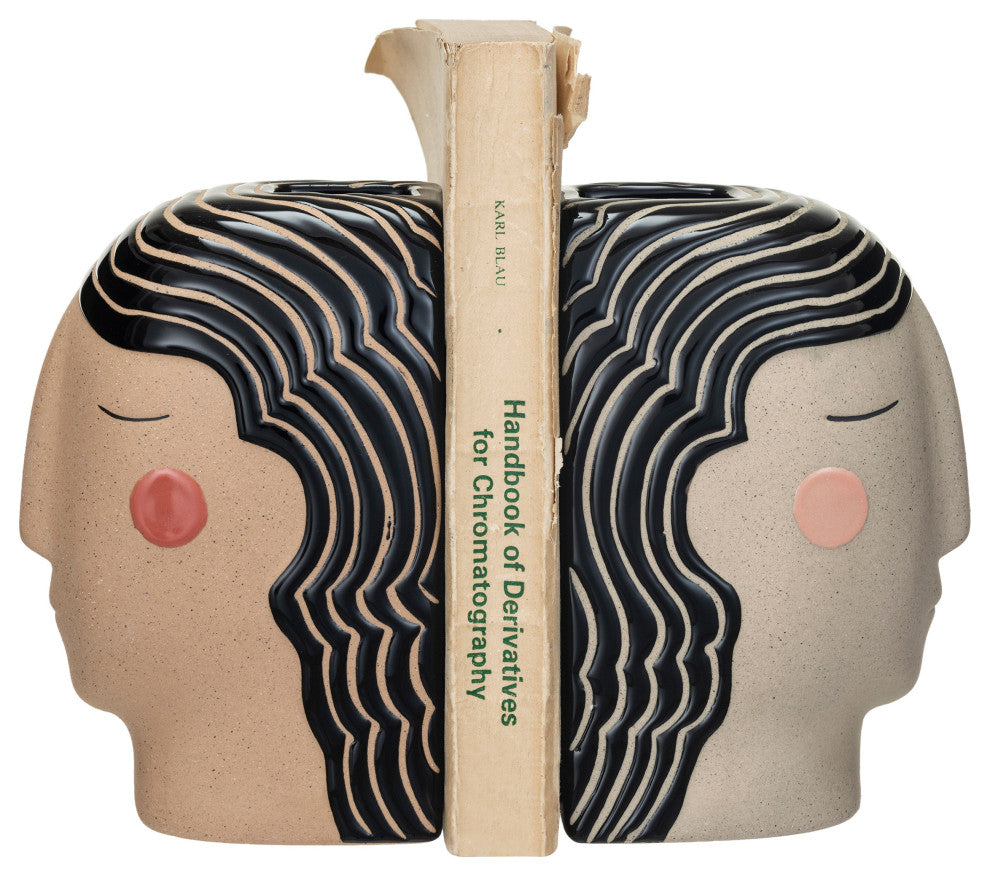 Painted Stoneware Head Vase Bookends, Multicolor, Set of 2