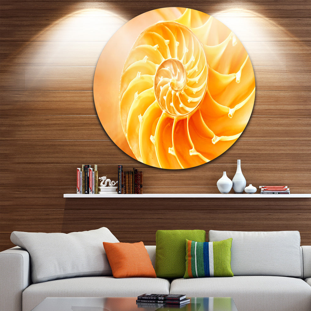 Yellow Nautilus Shell, Abstract Art Disc Metal Wall Art, 11"