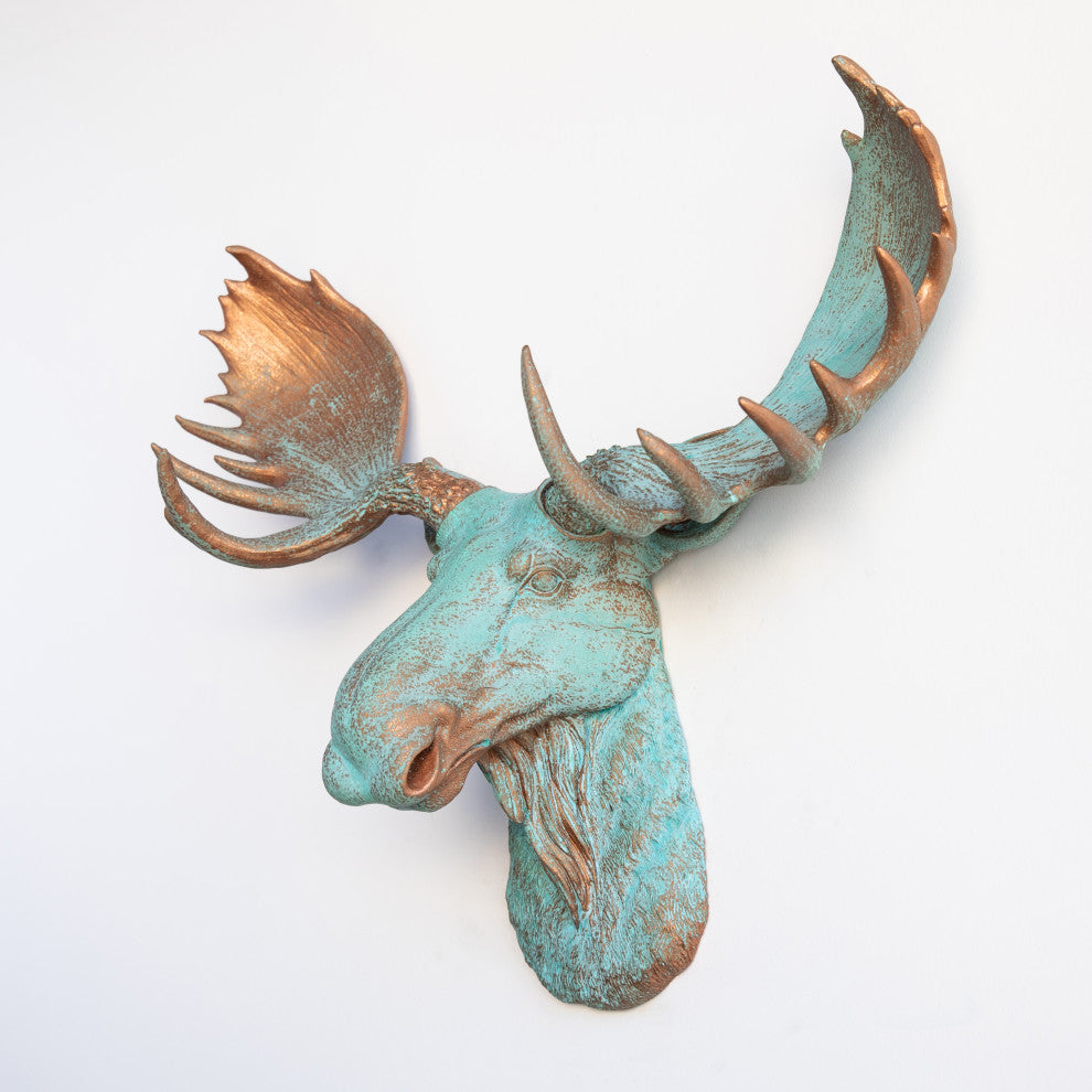 Faux Taxidermy Moose Head Wall Mount, Copper Patina