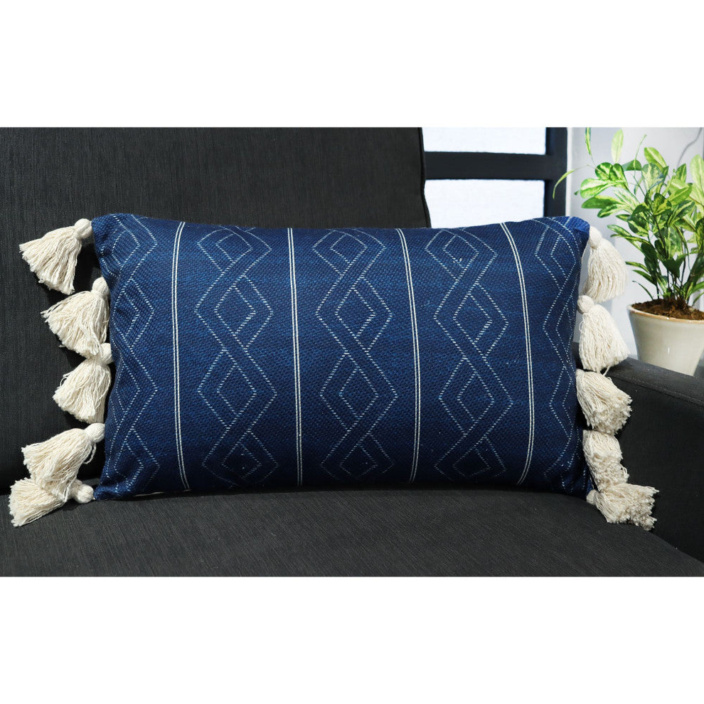 Navy Blue Machine Woven with Tassels Frawley Throw Pillow, 16" x 26"