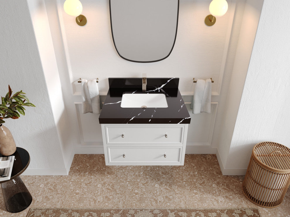 Roswell Floating 30" Single Sink Bath Vanity, White 2" Calacatta Black