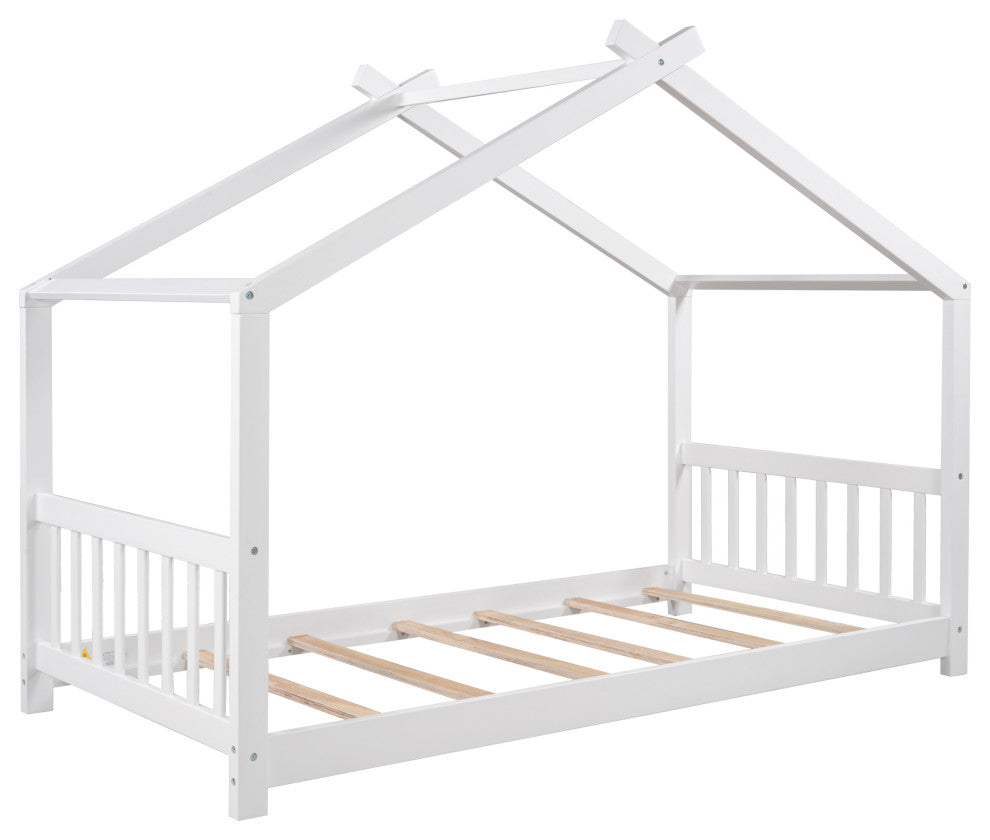 Gewnee Twin Size House Platform Bed with Headboard and Footboard in White
