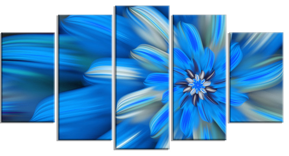 Exotic Dance of Blue Flower Petals, Floral Canvas Art Print, 60"x32", 5 Panels