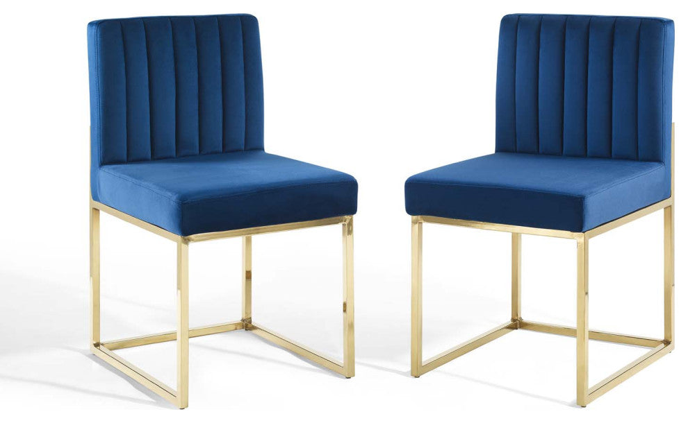 Side Dining Chair, Set of 2, Velvet, Metal, Gold Blue Navy, Modern, Cafe Bistro