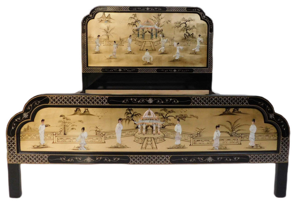 Oriental Gold Leaf Mother Of Pearl Palace Queen Bed In Chinese Black Lacquer