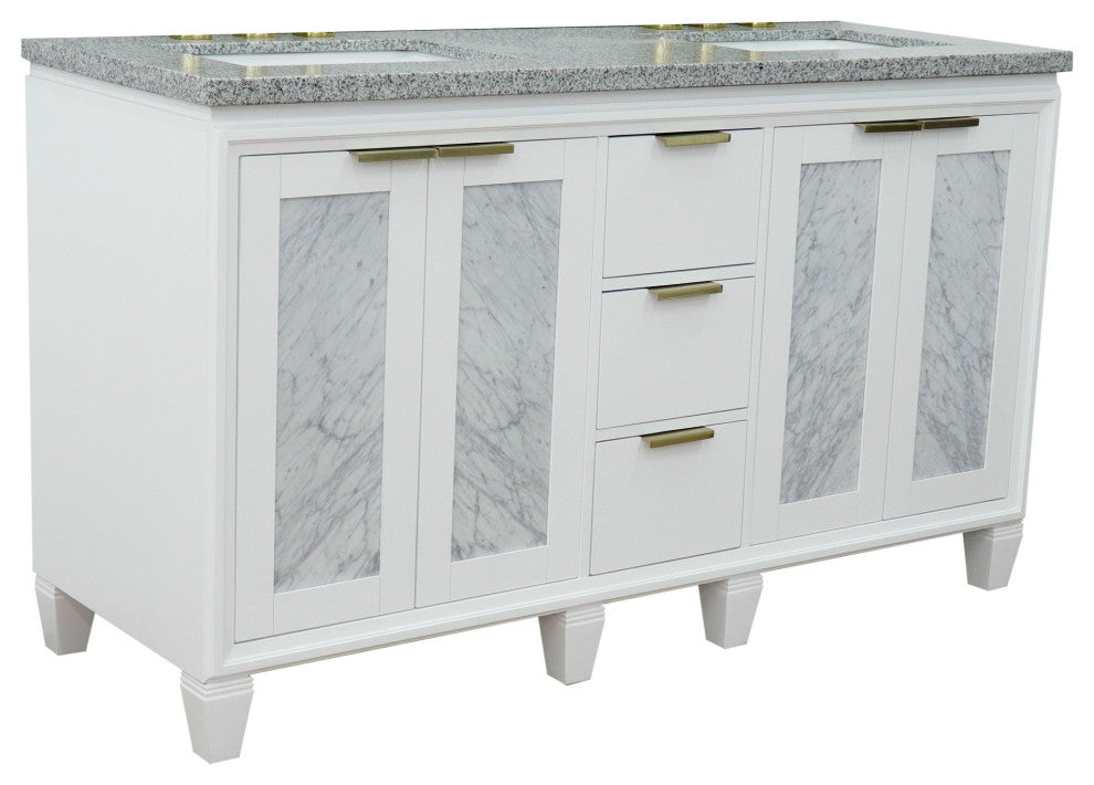 61" Double Sink Vanity, White Finish With Gray Granite And Rectangle Sink