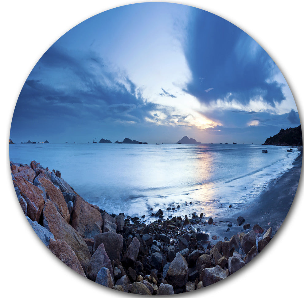 Blue Sea Sunset On Sandy Coastline, Seascape Disc Metal Wall Art, 23"