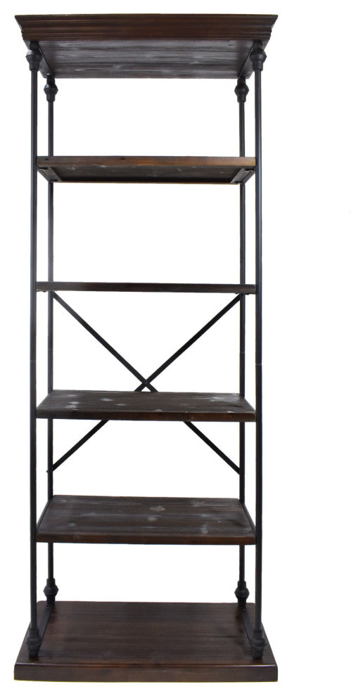 Alma Industrial 5 Shelf Firwood Bookcase, Dark Walnut, Black