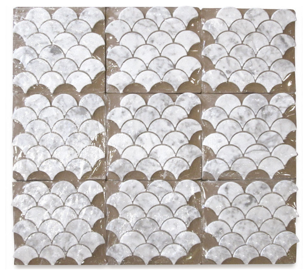 Fish Scale Carrara White Marble Grand Fan Mosaic Tile Polished, 1 sheet