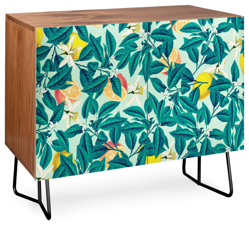 Deny Designs Lemon Pattern Credenza, Walnut, Black Steel legs