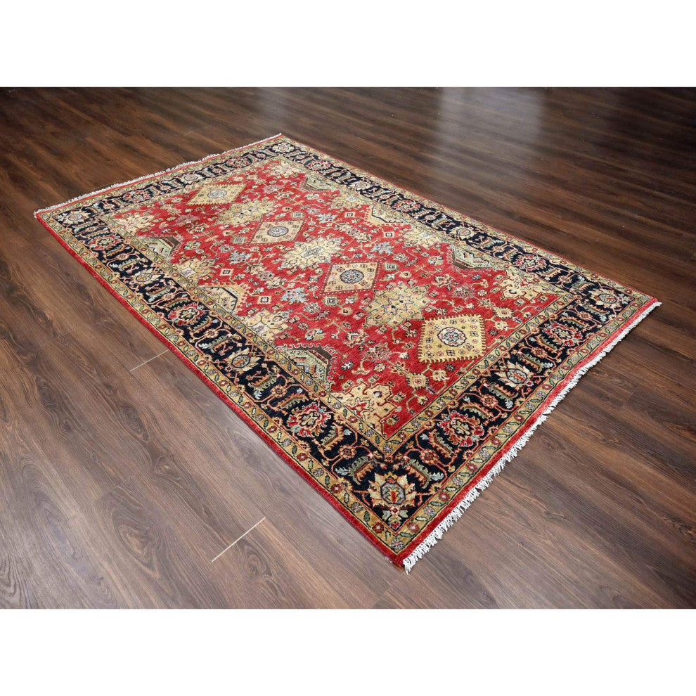 Red and Black Pure Wool Hand Knotted Karajeh Design Oriental Rug, 6'x8'9"