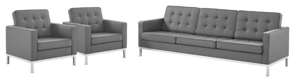 Tufted Armchair and Sofa Set, Faux Leather, Silver Gray, Modern, Lounge