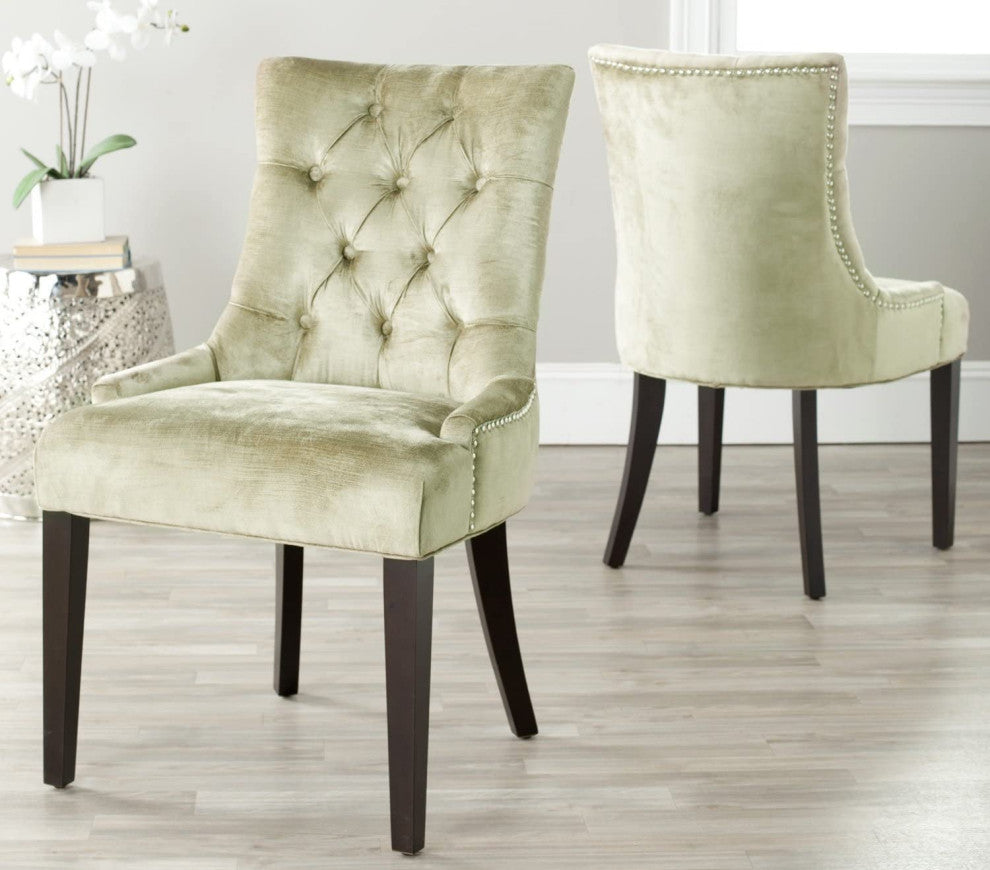 Set of 2 Dining Chair, Black Birch Wood Legs With Antique Sage Gold Linen Seat