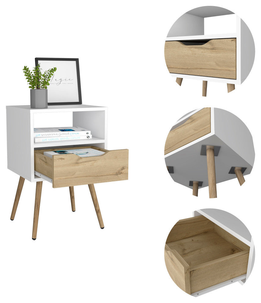 Allie Nightstand with Superior Top, Open Shelf, and Drawer, White/ Light Oak