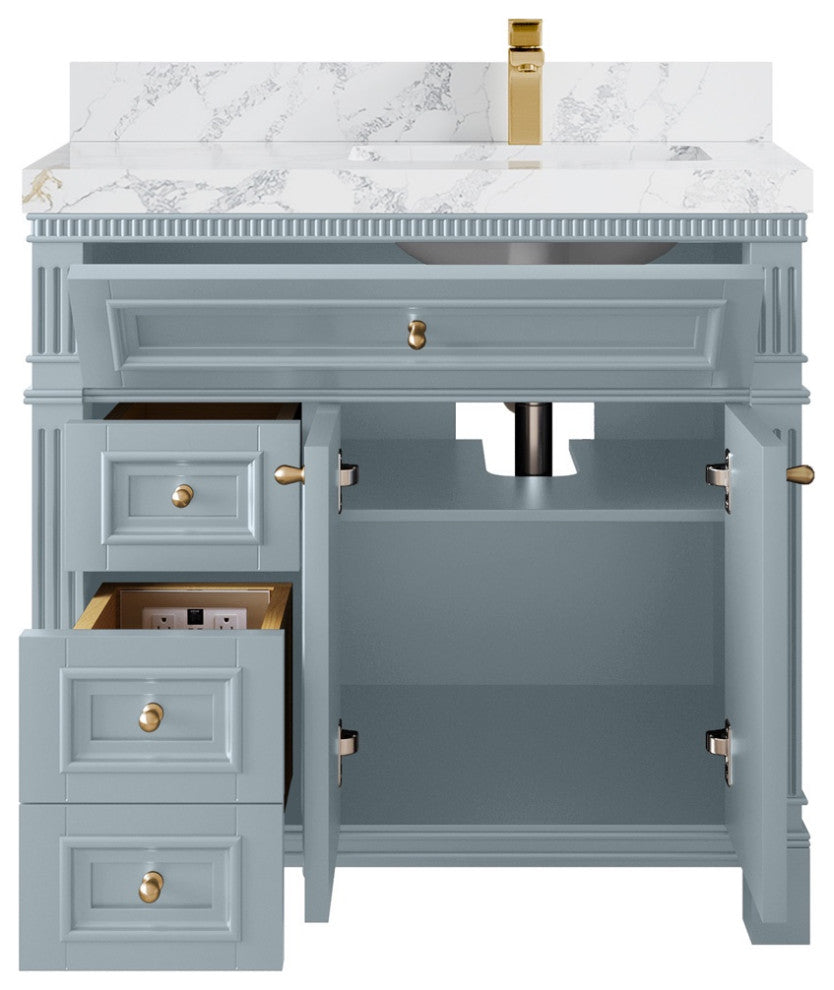 Paris 36" Right Offset Bathroom Vanity, Blue Heather 2" Calacatta Poannazo