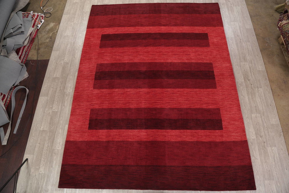 Gabbeh Striped Pattern Hand-Knotted Indian Oriental Rug, Red, 9'11"X8'2"