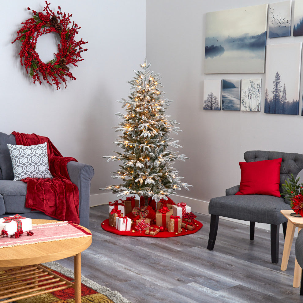 5.5ï¿½ Flocked Manchester Spruce Christmas Tree/ 200 Lights/ 560 Bendable Branches