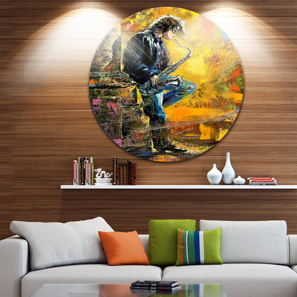 Man With Saxophone, Contemporary Large Disc Metal Wall Art, 38"