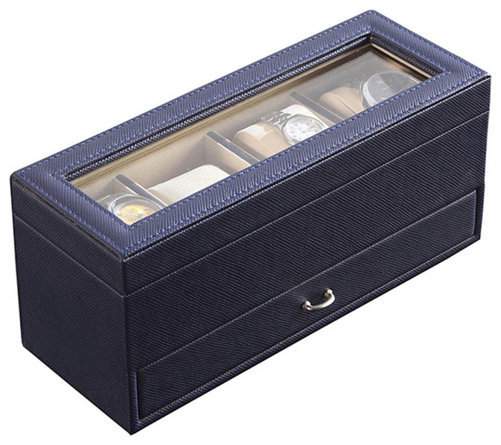 Benzara BM240949 Watch Case With Drawer Display and 4 Slots, Blue