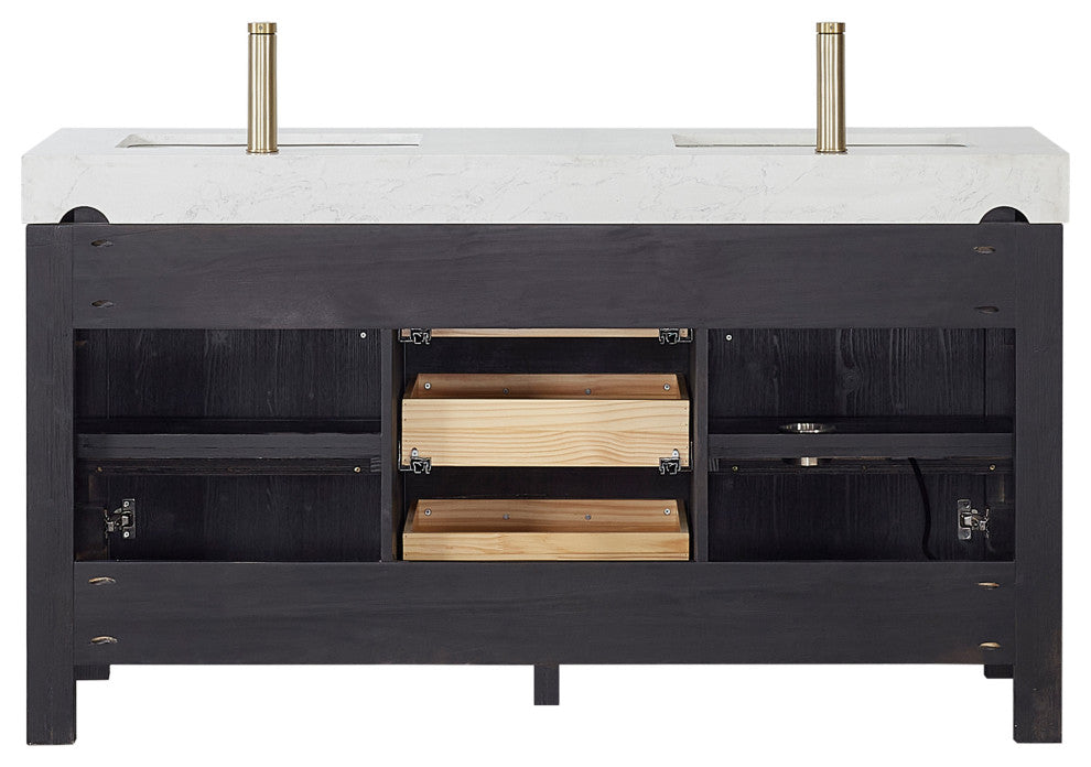 Leon Bath Vanity With Composite Stone Top, Fir Wood Black, 60"double Sink, No Mirror