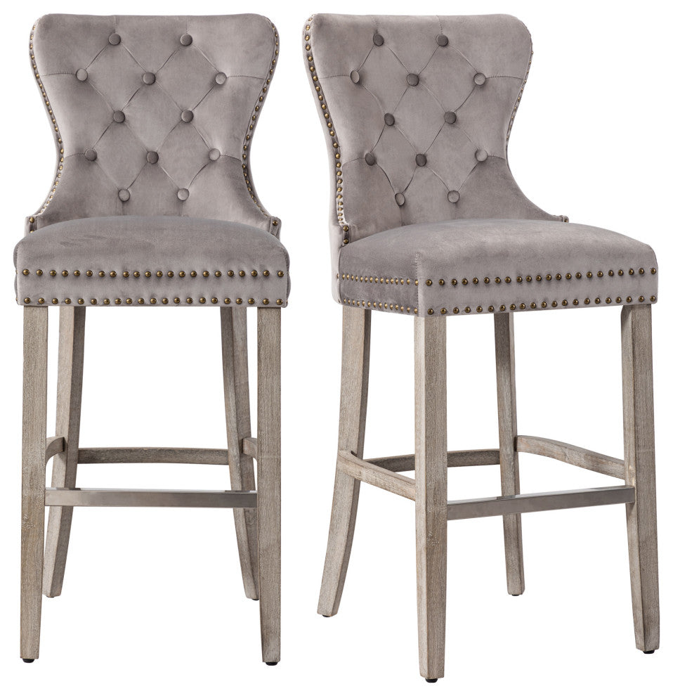 WestinTrends 2PC 29" Bar Height Wingback Velvet Bar Stool Set, Antique Gray, Velvet Gray