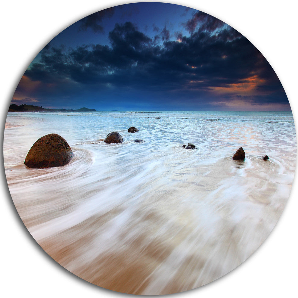 Waves Flowing Over Boulders, Seashore Photo Disc Metal Artwork, 23"