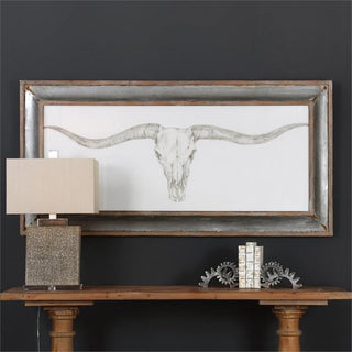 Uttermost Western Skull Mount Wood and Glass Print in Gray/Silver/White