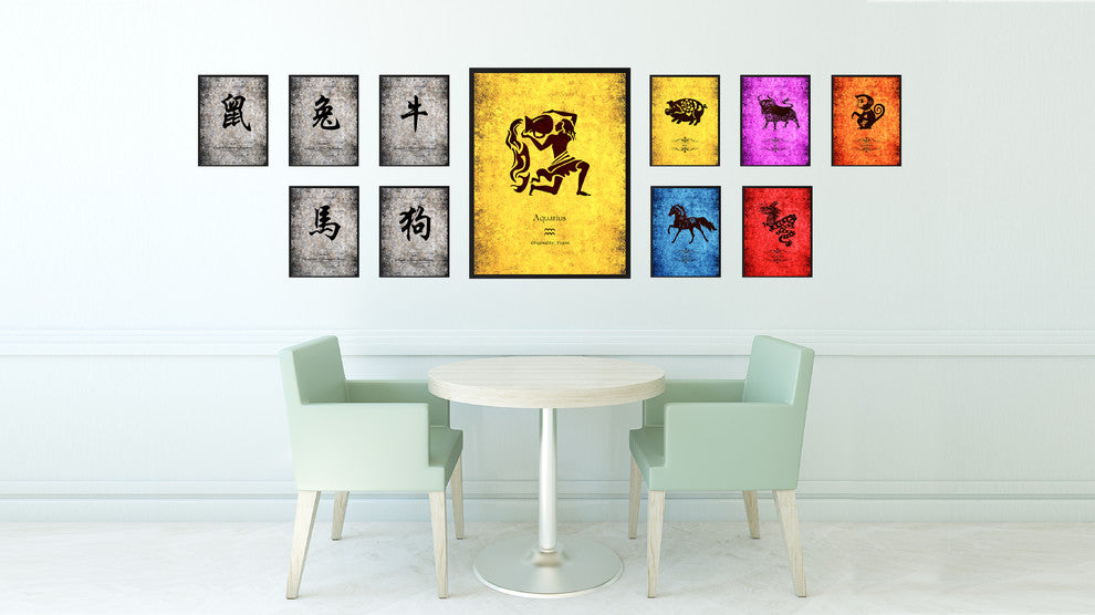 Aquarius Horoscope Astrology Yellow Print on Canvas with Picture Frame, 22"x29"