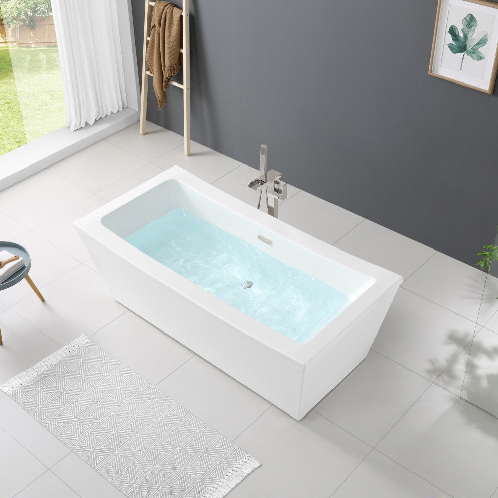 OVE Decors Terra 70" White Acrylic Bathtub, Satin Nickel and Chrome Hardware