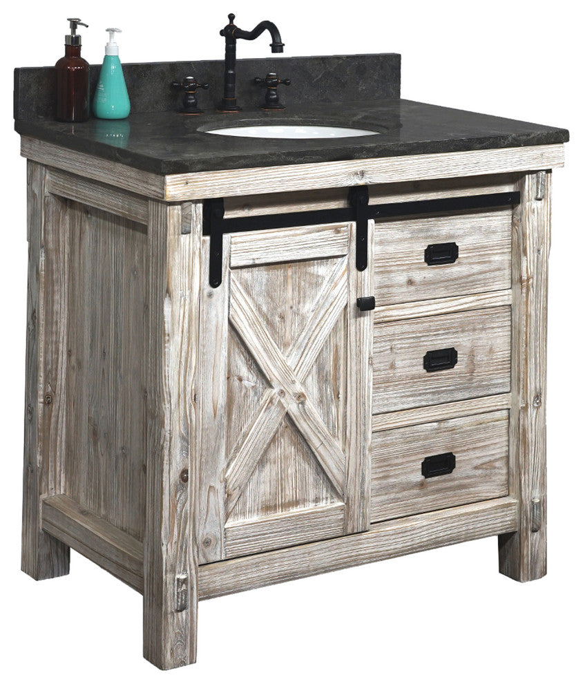 37" Rustic Solid Fir Barn Door Style Single Sink Vanity Marble Top, Wk8536-W+wk Top