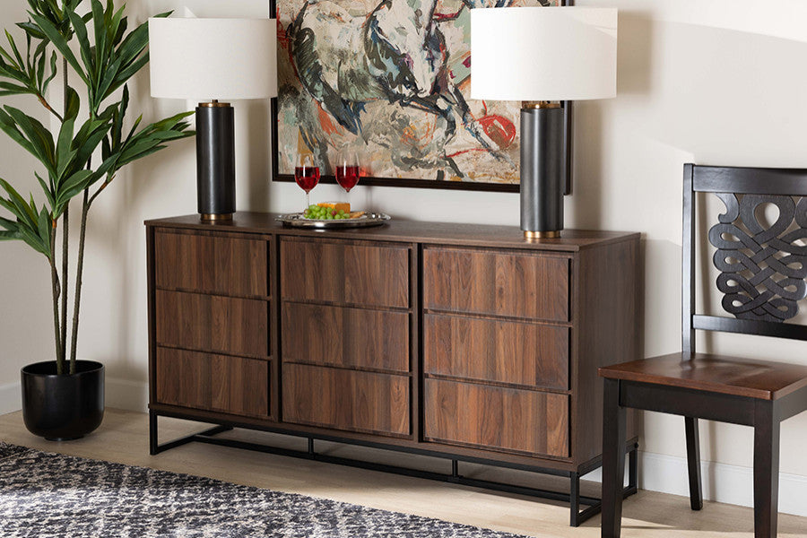 Jenett Modern Contemporary Walnut and Black 3-Door Sideboard Buffet