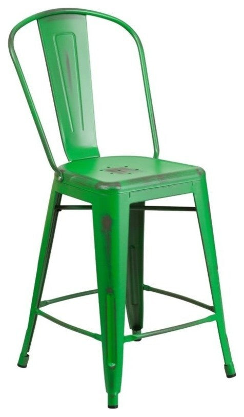 24" High Distressed Green Metal Indoor-Outdoor Counter Stool With Back