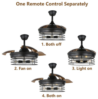 42" Black Industrial Retractable Ceiling Fan with Remote and Light Kit, Black