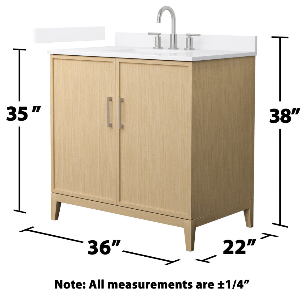 Elan 36" Single Vanity, White Oak, White Quartz Top, 3-Hole, Nickel Trim