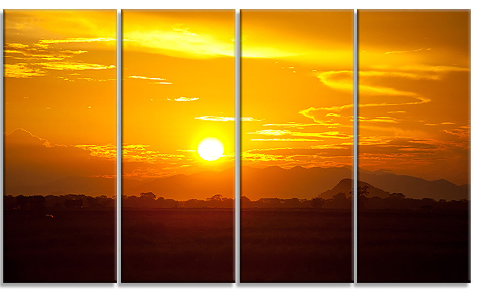 Bright Yellow Sunset in Sri Lanka, Landscape Canvas Art, 48"x28", 4 Panels
