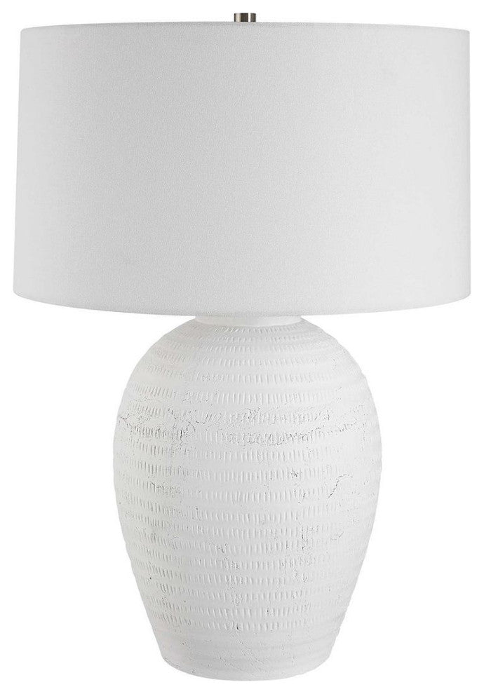 Classic Chalk White Carved Ceramic Table Lamp 29 in Matte Round Textured