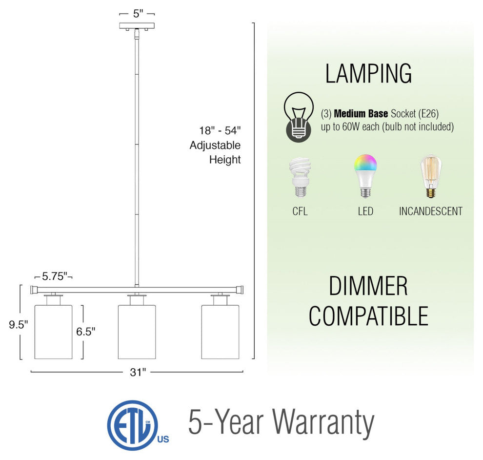 Kira Home Sloane 31" Farmhouse Island Light, Glass Cylinder Shades, Adjustable