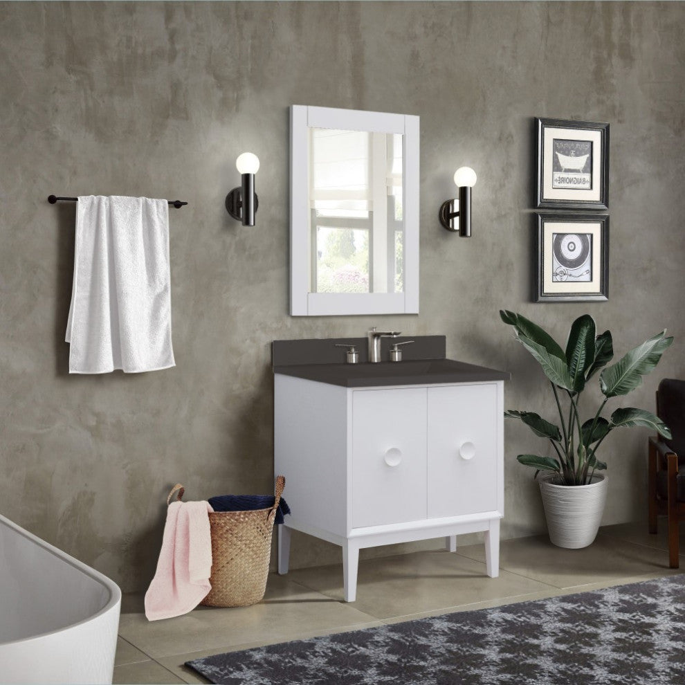 31" Single Vanity, White Finish With Black Concrete Top And Rectangle Sink