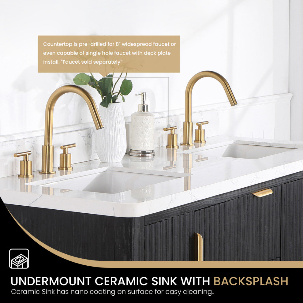 Vinnova Cadiz Bath Vanity, Composite Stone Top, Black, 60", No Mirror