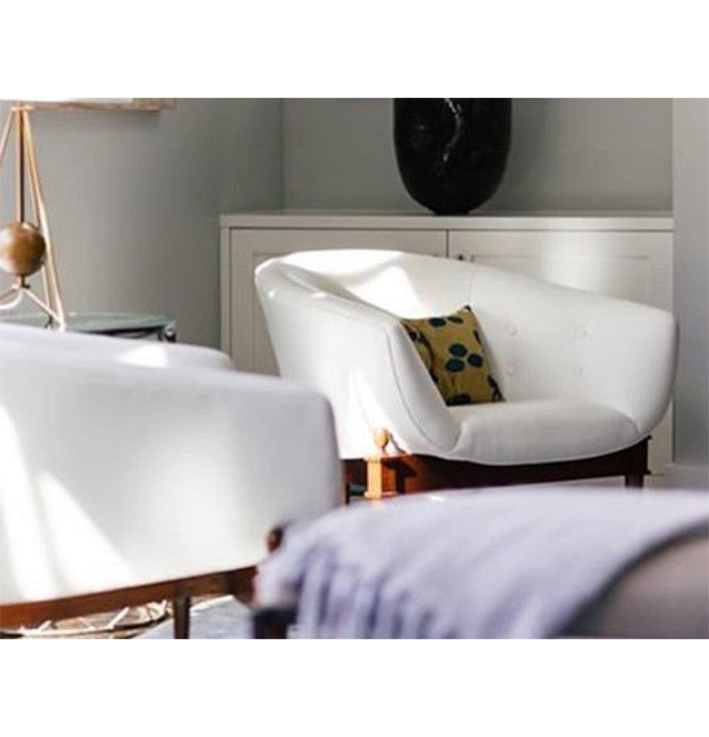 Luxe Mid Century Modern White Leather Club Chair  Round Barrel Minimalist Retro