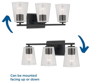 Vertex Collection Three-Light Matte Black Clear Glass Contemporary Bath Light