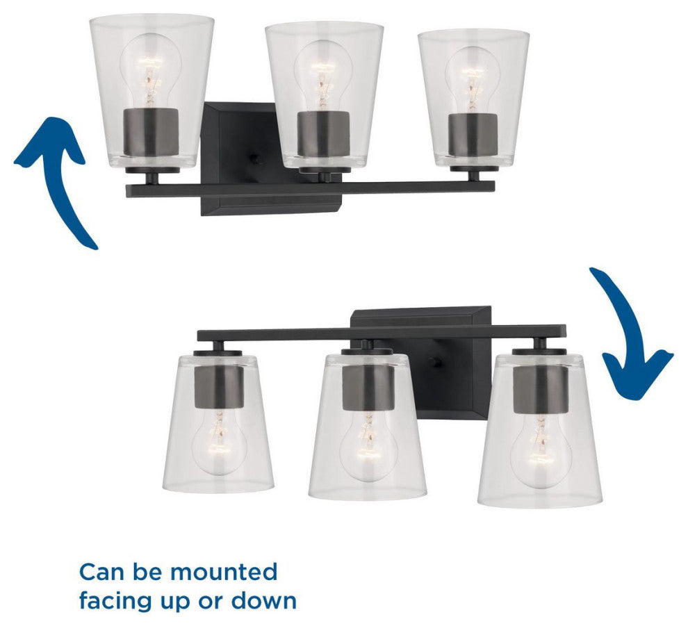 Vertex Collection Three-Light Matte Black Clear Glass Contemporary Bath Light