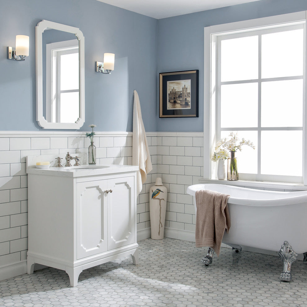 30" Wide Pure White Single Sink Quartz Carrara Bathroom Vanity