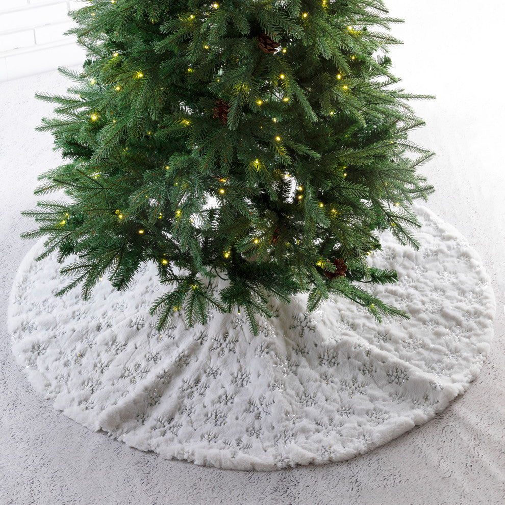 48"D White Plush With Snowflake Christmas Tree Skirt