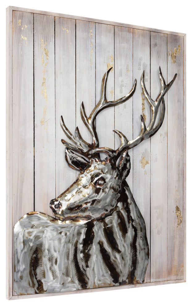 "Deer 2" Hand Painted Iron Wall Sculpture on Slatted Solid Wood Wall Art 40"x30"
