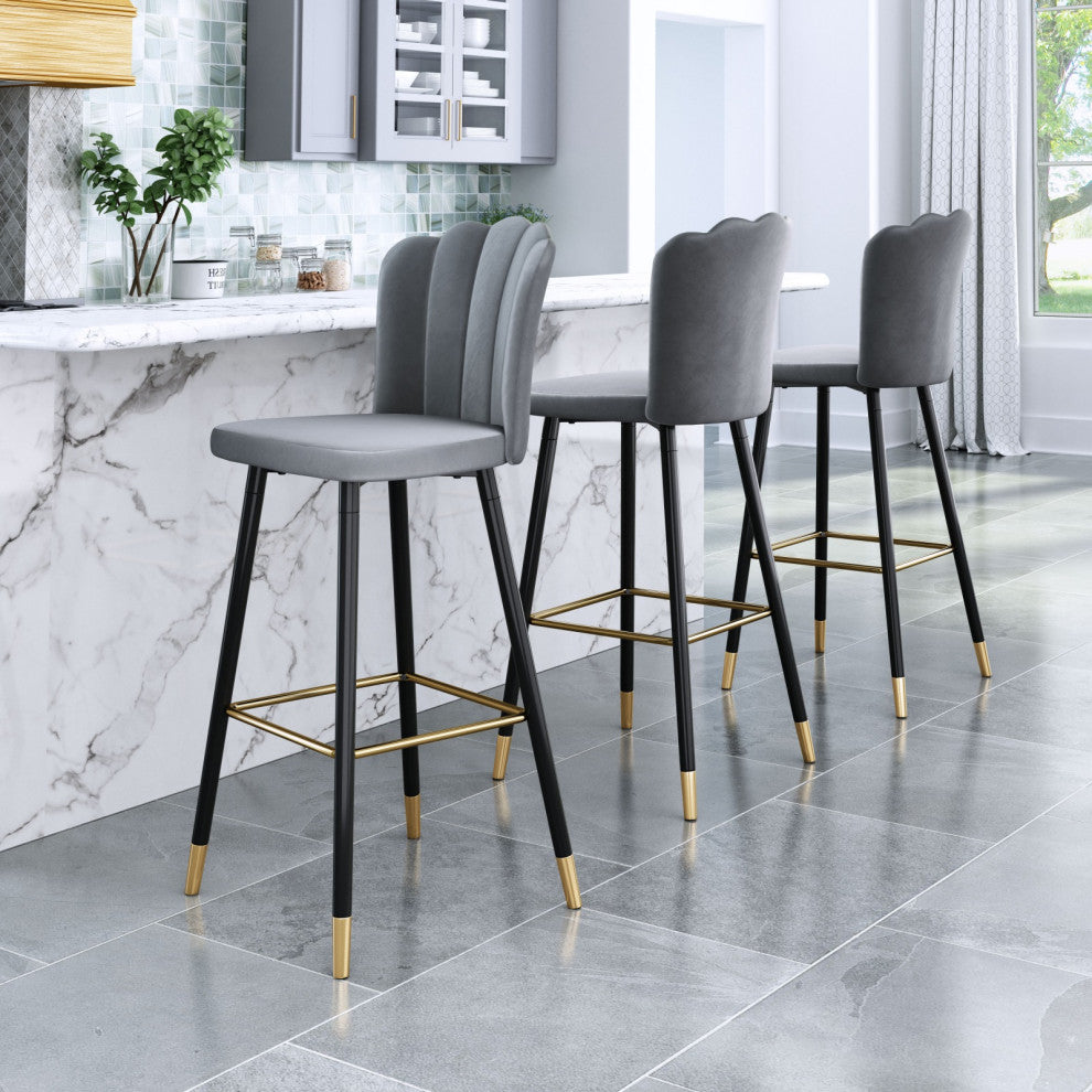 Bar Stool Chair Barstool, Steel Metal, Fabric, Gray, Black, Gold, Cafe